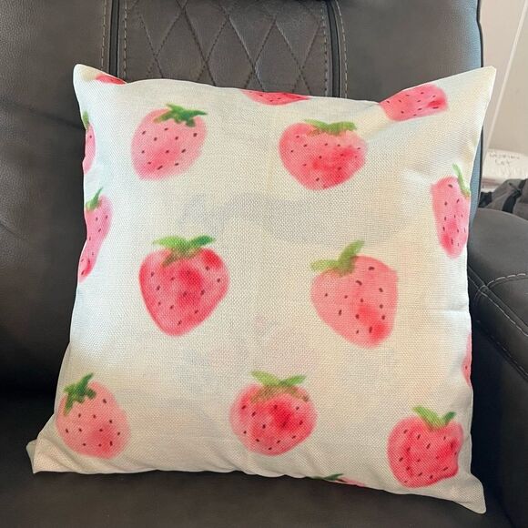“Strawberry Fields Forever” strawberry fruit happy linen throw pillow cov… - Picture 1 of 2
